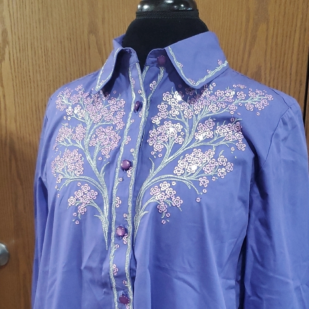 Bob Mackie Vibrant Purple Silver Pink Sequined Trees Wearable Art Top